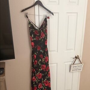 Black Strapless Floral Slip Dress with Red Rose Print